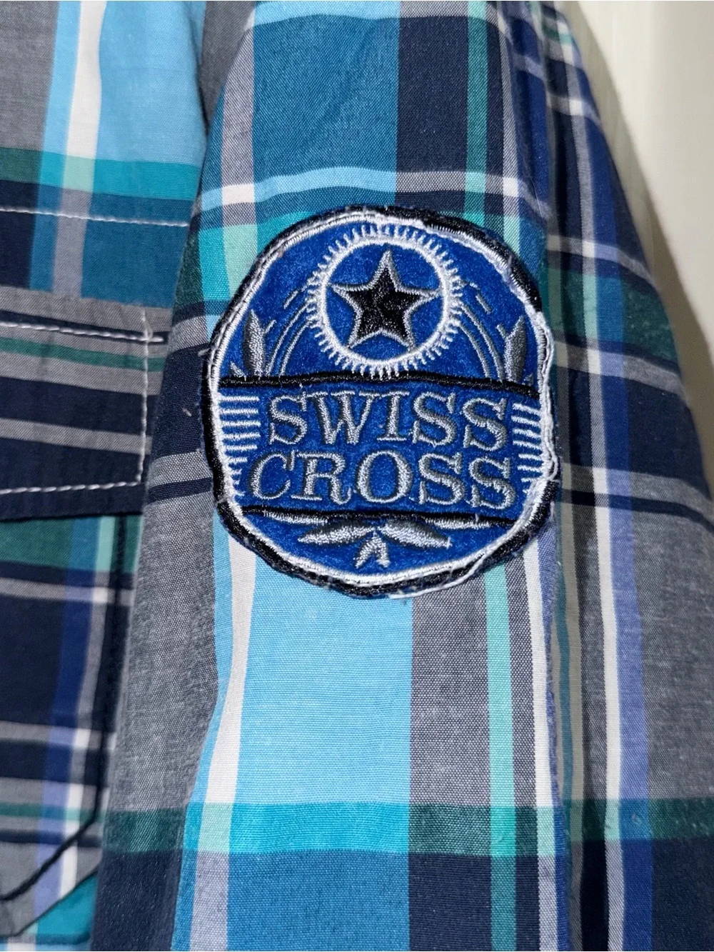 Men's Swiss cross size 5X Blue Plaid Button-Up Shirt blue